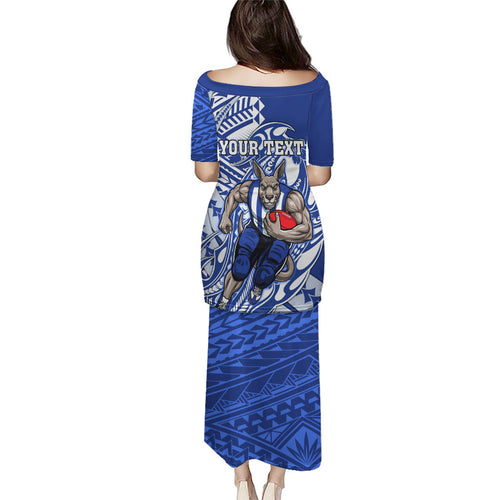 Personalized North Melbourne Kangaroos Family Matching Puletasi and Hawaiian Shirt Polynesian Tribal Kangaroo Mascot With Hibiscus Floral Art