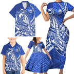 Personalized North Melbourne Kangaroos Family Matching Short Sleeve Bodycon Dress and Hawaiian Shirt Polynesian Tribal Kangaroo Mascot With Hibiscus Floral Art