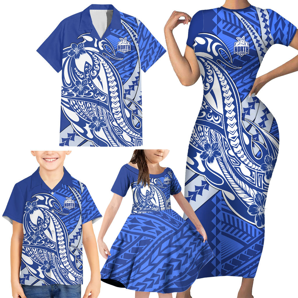 Personalized North Melbourne Kangaroos Family Matching Short Sleeve Bodycon Dress and Hawaiian Shirt Polynesian Tribal Kangaroo Mascot With Hibiscus Floral Art