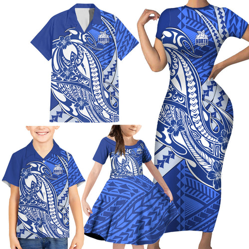 Personalized North Melbourne Kangaroos Family Matching Short Sleeve Bodycon Dress and Hawaiian Shirt Polynesian Tribal Kangaroo Mascot With Hibiscus Floral Art