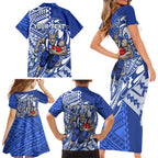 Personalized North Melbourne Kangaroos Family Matching Short Sleeve Bodycon Dress and Hawaiian Shirt Polynesian Tribal Kangaroo Mascot With Hibiscus Floral Art