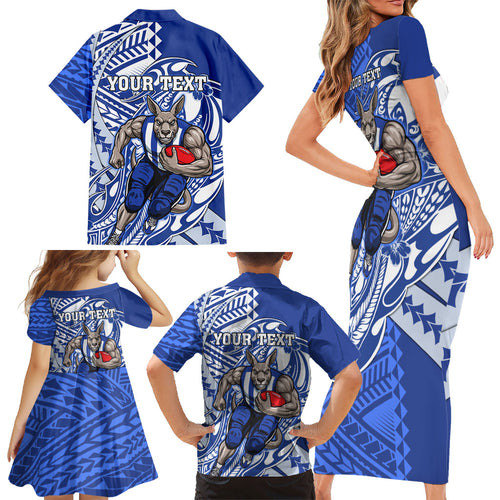 Personalized North Melbourne Kangaroos Family Matching Short Sleeve Bodycon Dress and Hawaiian Shirt Polynesian Tribal Kangaroo Mascot With Hibiscus Floral Art