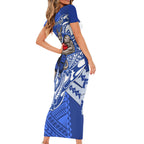 Personalized North Melbourne Kangaroos Family Matching Short Sleeve Bodycon Dress and Hawaiian Shirt Polynesian Tribal Kangaroo Mascot With Hibiscus Floral Art