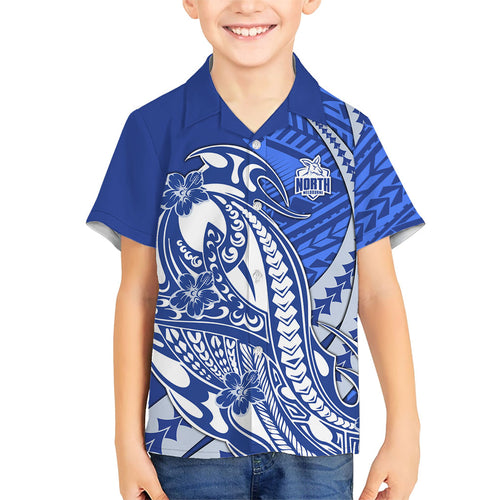 Personalized North Melbourne Kangaroos Family Matching Short Sleeve Bodycon Dress and Hawaiian Shirt Polynesian Tribal Kangaroo Mascot With Hibiscus Floral Art