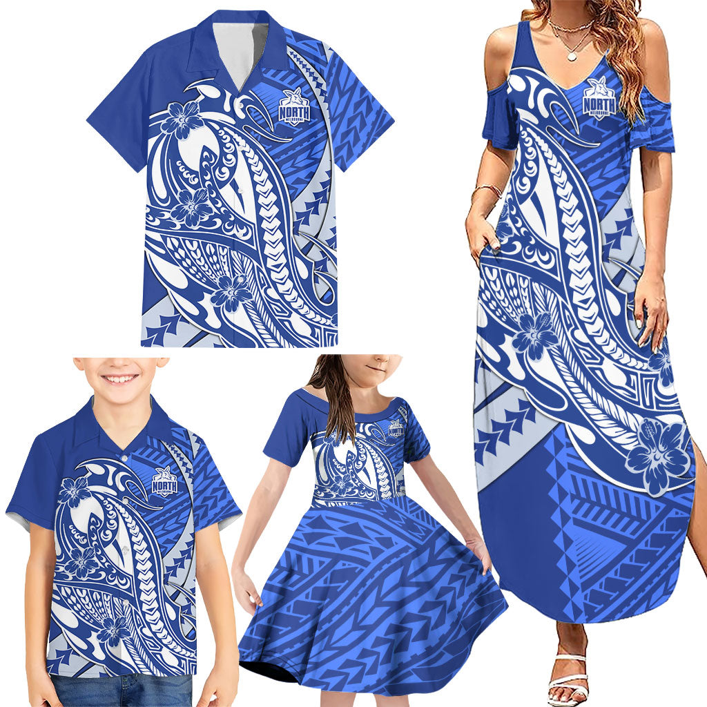 Personalized North Melbourne Kangaroos Family Matching Summer Maxi Dress and Hawaiian Shirt Polynesian Tribal Kangaroo Mascot With Hibiscus Floral Art