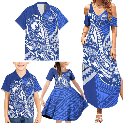Personalized North Melbourne Kangaroos Family Matching Summer Maxi Dress and Hawaiian Shirt Polynesian Tribal Kangaroo Mascot With Hibiscus Floral Art