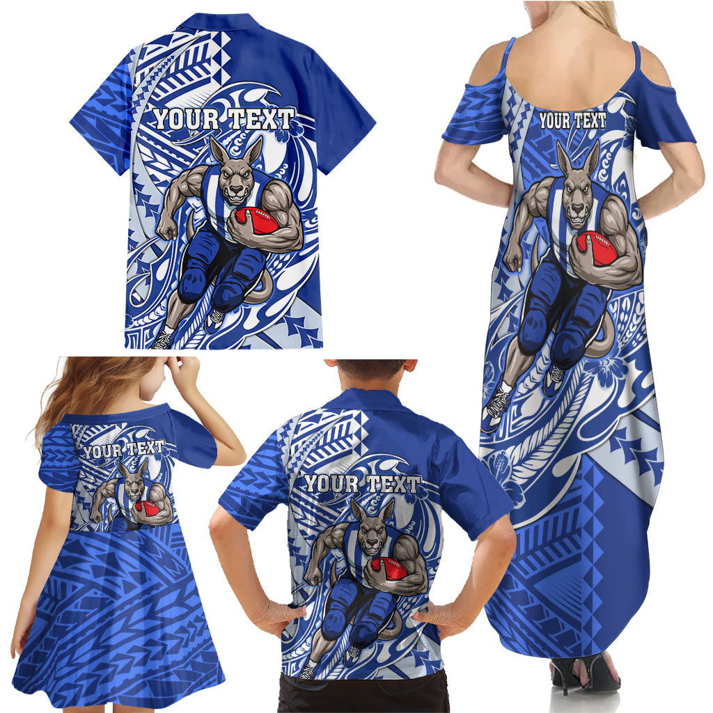 Personalized North Melbourne Kangaroos Family Matching Summer Maxi Dress and Hawaiian Shirt Polynesian Tribal Kangaroo Mascot With Hibiscus Floral Art