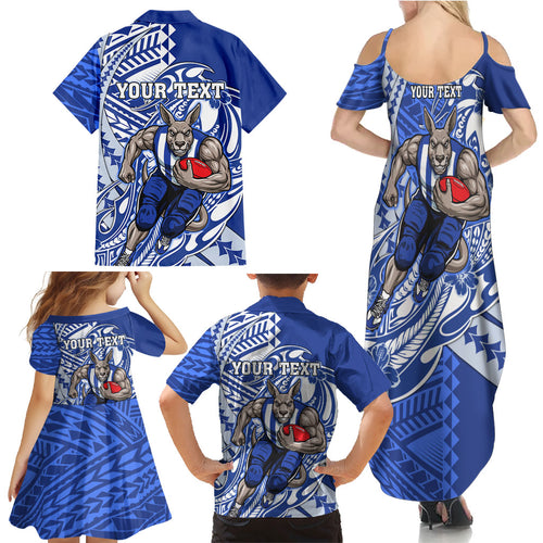 Personalized North Melbourne Kangaroos Family Matching Summer Maxi Dress and Hawaiian Shirt Polynesian Tribal Kangaroo Mascot With Hibiscus Floral Art