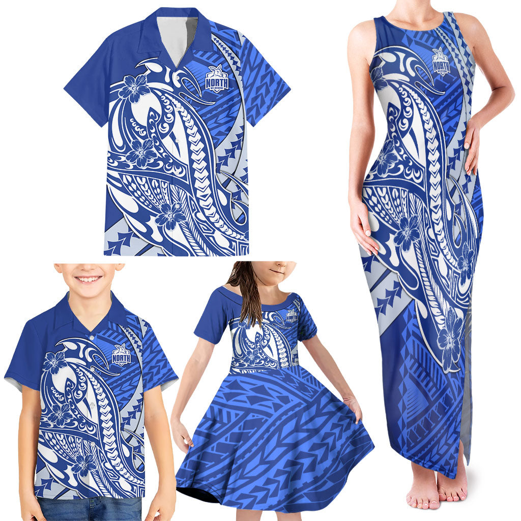 Personalized North Melbourne Kangaroos Family Matching Tank Maxi Dress and Hawaiian Shirt Polynesian Tribal Kangaroo Mascot With Hibiscus Floral Art
