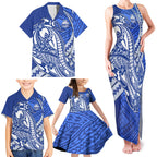 Personalized North Melbourne Kangaroos Family Matching Tank Maxi Dress and Hawaiian Shirt Polynesian Tribal Kangaroo Mascot With Hibiscus Floral Art