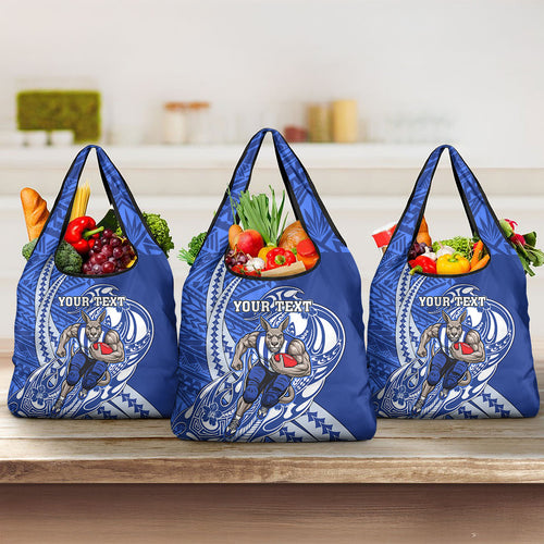 Personalized North Melbourne Kangaroos Grocery Bag Polynesian Tribal Kangaroo Mascot With Hibiscus Floral Art