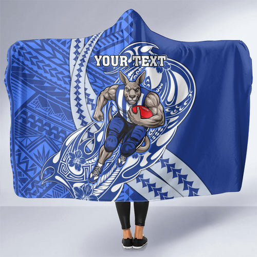 Personalized North Melbourne Kangaroos Hooded Blanket Polynesian Tribal Kangaroo Mascot With Hibiscus Floral Art