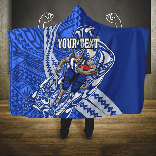 Personalized North Melbourne Kangaroos Hooded Blanket Polynesian Tribal Kangaroo Mascot With Hibiscus Floral Art