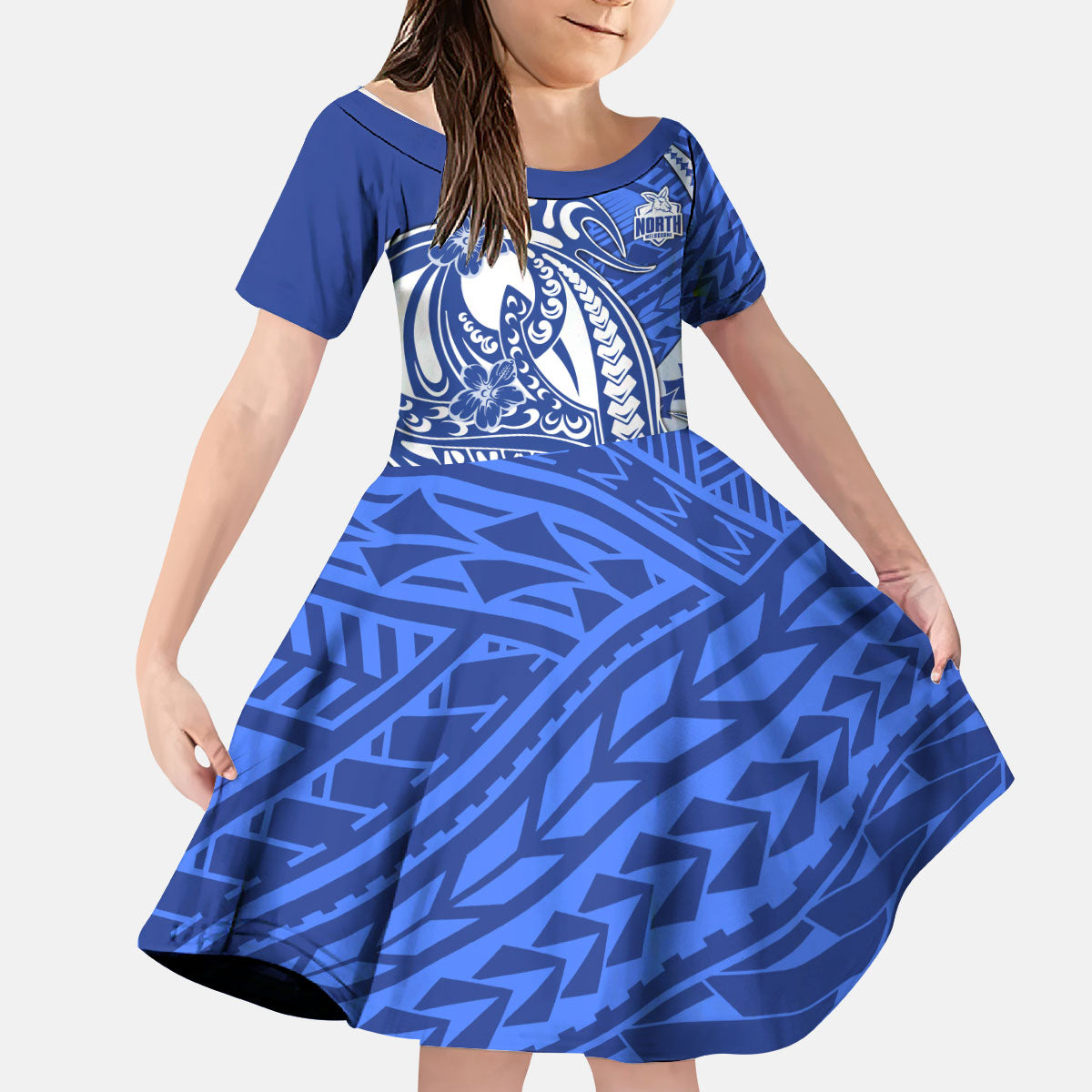 Personalized North Melbourne Kangaroos Kid Short Sleeve Dress Polynesian Tribal Kangaroo Mascot With Hibiscus Floral Art