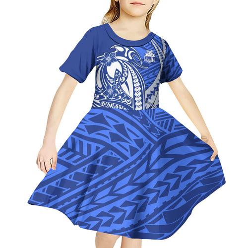 Personalized North Melbourne Kangaroos Kid Short Sleeve Dress Polynesian Tribal Kangaroo Mascot With Hibiscus Floral Art