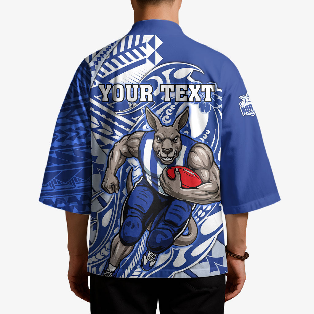 Personalized North Melbourne Kangaroos Kimono Polynesian Tribal Kangaroo Mascot With Hibiscus Floral Art