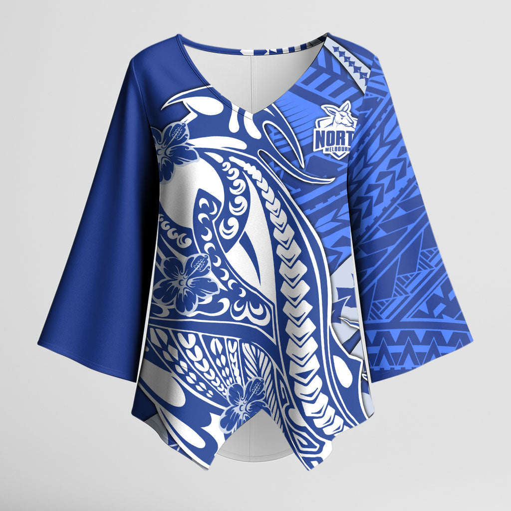 Personalized North Melbourne Kangaroos Kimono Sleeve Blouse Polynesian Tribal Kangaroo Mascot With Hibiscus Floral Art