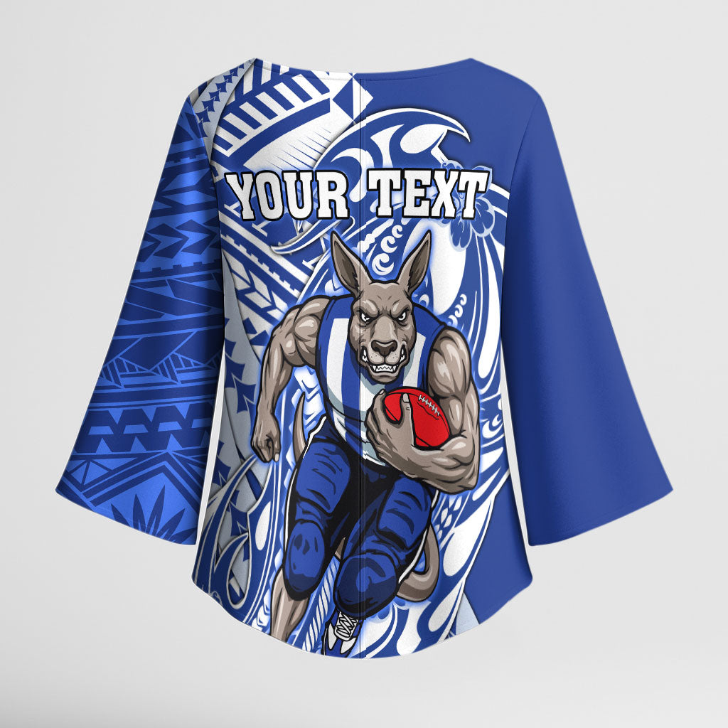 Personalized North Melbourne Kangaroos Kimono Sleeve Blouse Polynesian Tribal Kangaroo Mascot With Hibiscus Floral Art