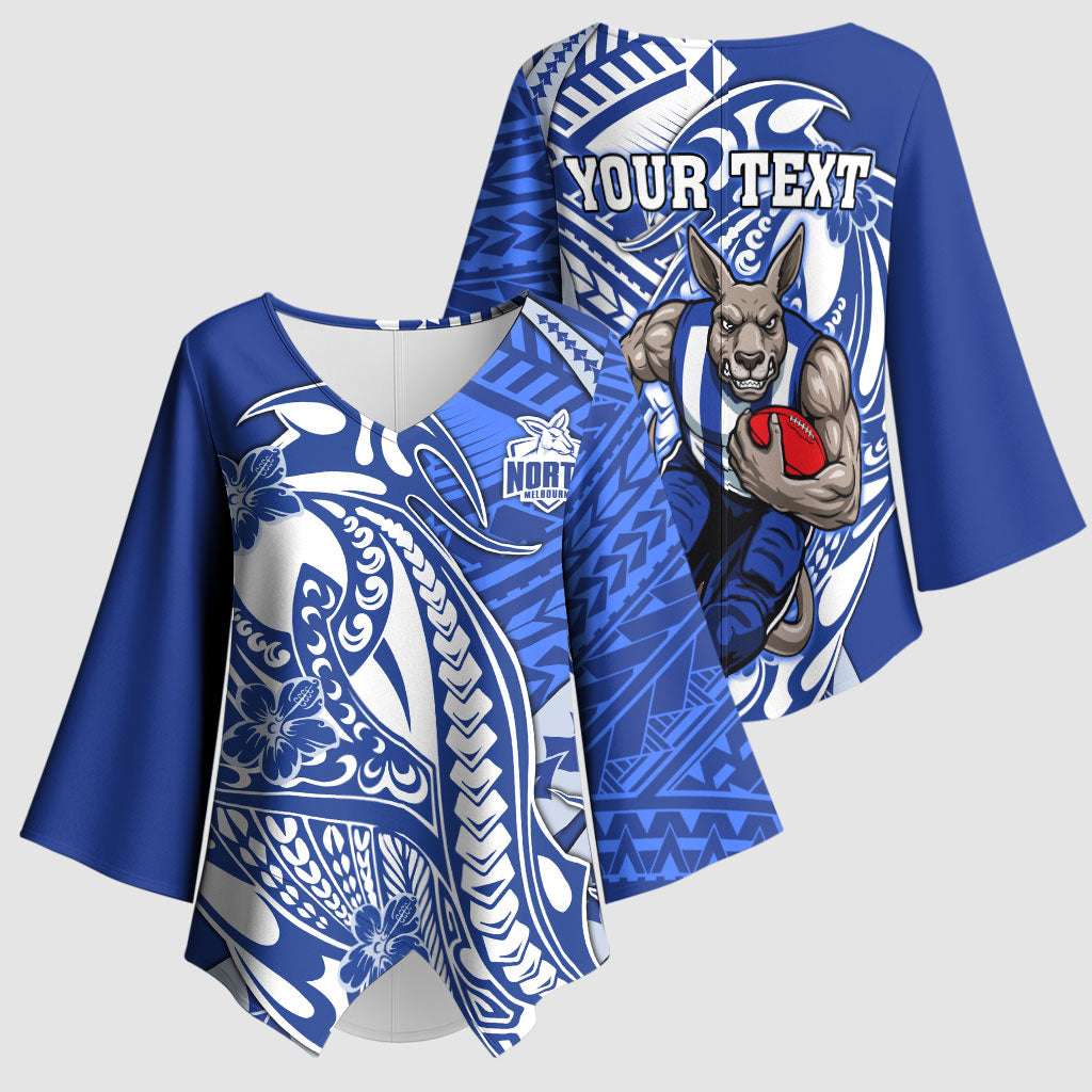 Personalized North Melbourne Kangaroos Kimono Sleeve Blouse Polynesian Tribal Kangaroo Mascot With Hibiscus Floral Art
