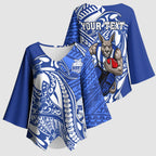 Personalized North Melbourne Kangaroos Kimono Sleeve Blouse Polynesian Tribal Kangaroo Mascot With Hibiscus Floral Art