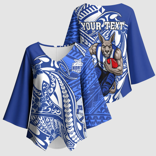 Personalized North Melbourne Kangaroos Kimono Sleeve Blouse Polynesian Tribal Kangaroo Mascot With Hibiscus Floral Art