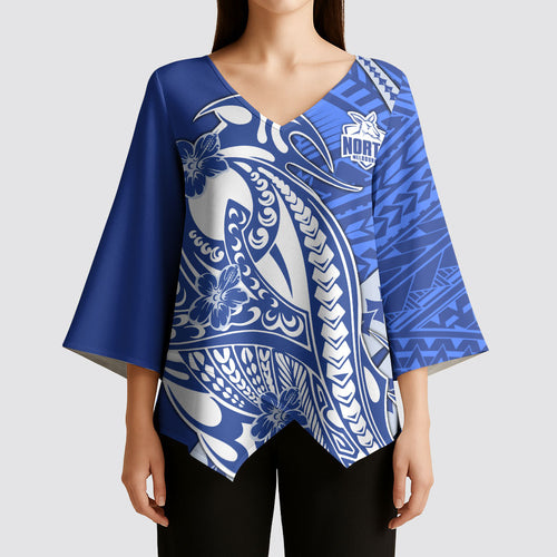 Personalized North Melbourne Kangaroos Kimono Sleeve Blouse Polynesian Tribal Kangaroo Mascot With Hibiscus Floral Art