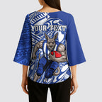 Personalized North Melbourne Kangaroos Kimono Sleeve Blouse Polynesian Tribal Kangaroo Mascot With Hibiscus Floral Art