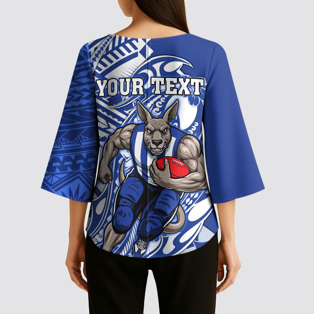 Personalized North Melbourne Kangaroos Kimono Sleeve Blouse Polynesian Tribal Kangaroo Mascot With Hibiscus Floral Art