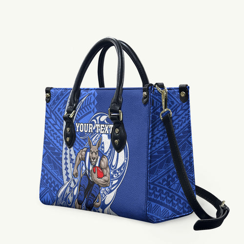 Personalized North Melbourne Kangaroos Leather Bag Polynesian Tribal Kangaroo Mascot With Hibiscus Floral Art