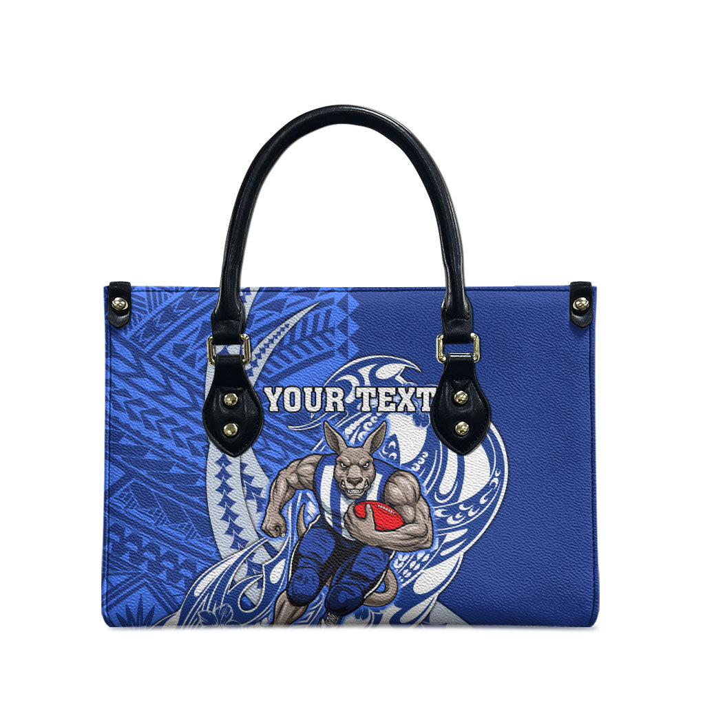 Personalized North Melbourne Kangaroos Leather Bag Polynesian Tribal Kangaroo Mascot With Hibiscus Floral Art