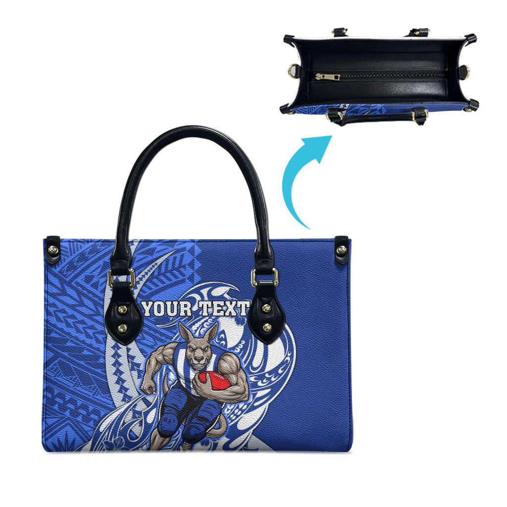 Personalized North Melbourne Kangaroos Leather Bag Polynesian Tribal Kangaroo Mascot With Hibiscus Floral Art