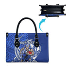 Personalized North Melbourne Kangaroos Leather Bag Polynesian Tribal Kangaroo Mascot With Hibiscus Floral Art