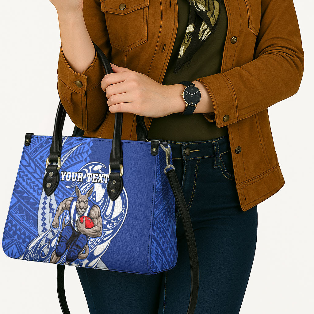 Personalized North Melbourne Kangaroos Leather Bag Polynesian Tribal Kangaroo Mascot With Hibiscus Floral Art