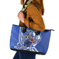 Personalized North Melbourne Kangaroos Leather Tote Bag Polynesian Tribal Kangaroo Mascot With Hibiscus Floral Art