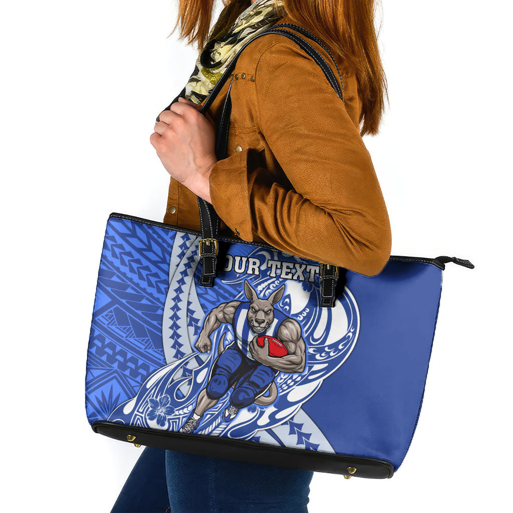 Personalized North Melbourne Kangaroos Leather Tote Bag Polynesian Tribal Kangaroo Mascot With Hibiscus Floral Art