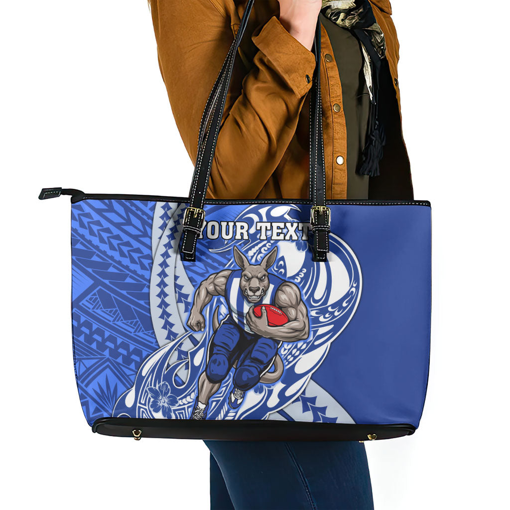 Personalized North Melbourne Kangaroos Leather Tote Bag Polynesian Tribal Kangaroo Mascot With Hibiscus Floral Art