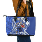 Personalized North Melbourne Kangaroos Leather Tote Bag Polynesian Tribal Kangaroo Mascot With Hibiscus Floral Art