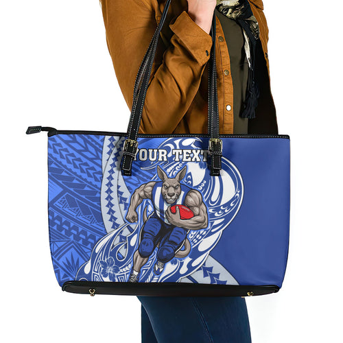 Personalized North Melbourne Kangaroos Leather Tote Bag Polynesian Tribal Kangaroo Mascot With Hibiscus Floral Art