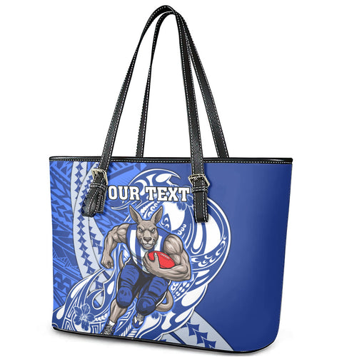 Personalized North Melbourne Kangaroos Leather Tote Bag Polynesian Tribal Kangaroo Mascot With Hibiscus Floral Art