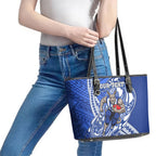 Personalized North Melbourne Kangaroos Leather Tote Bag Polynesian Tribal Kangaroo Mascot With Hibiscus Floral Art