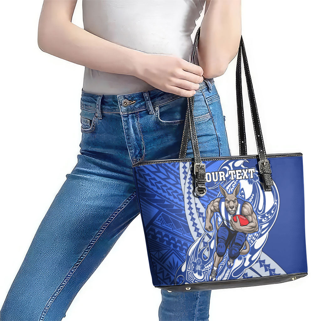 Personalized North Melbourne Kangaroos Leather Tote Bag Polynesian Tribal Kangaroo Mascot With Hibiscus Floral Art