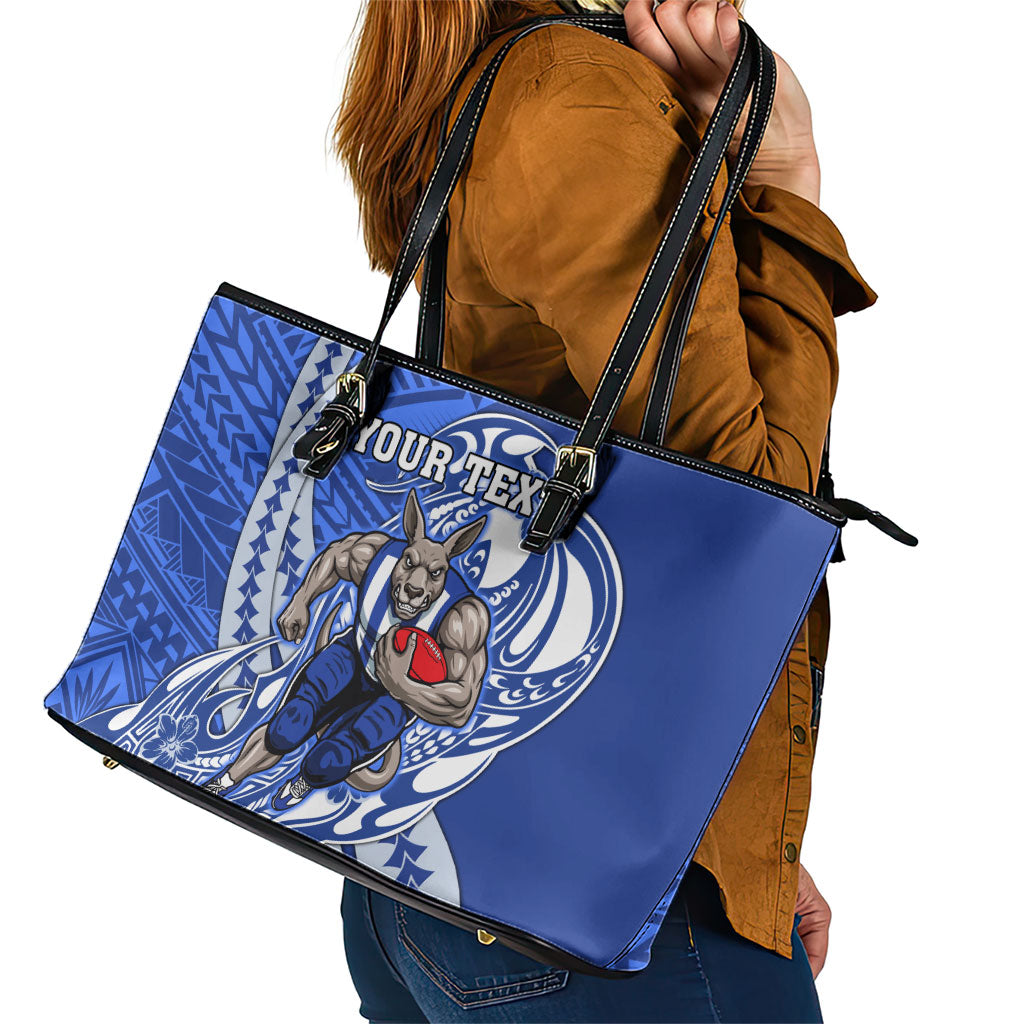 Personalized North Melbourne Kangaroos Leather Tote Bag Polynesian Tribal Kangaroo Mascot With Hibiscus Floral Art