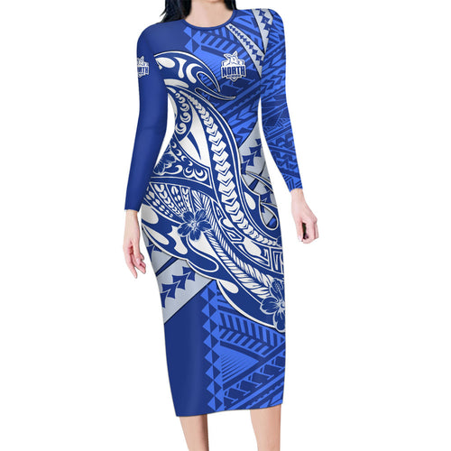 Personalized North Melbourne Kangaroos Long Sleeve Bodycon Dress Polynesian Tribal Kangaroo Mascot With Hibiscus Floral Art
