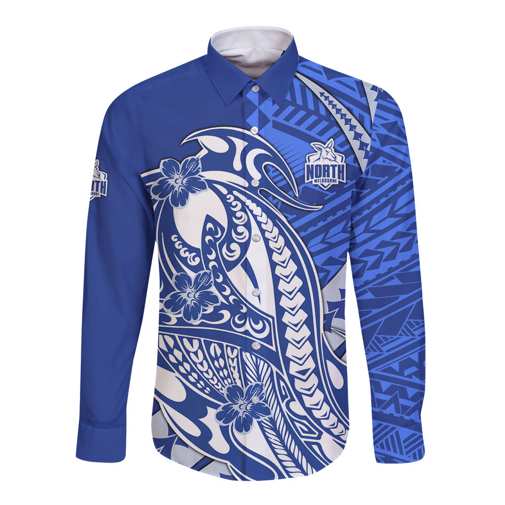 Personalized North Melbourne Kangaroos Long Sleeve Button Shirt Polynesian Tribal Kangaroo Mascot With Hibiscus Floral Art