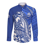 Personalized North Melbourne Kangaroos Long Sleeve Button Shirt Polynesian Tribal Kangaroo Mascot With Hibiscus Floral Art