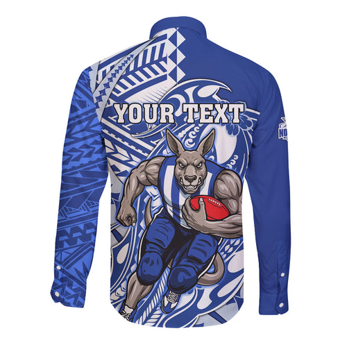 Personalized North Melbourne Kangaroos Long Sleeve Button Shirt Polynesian Tribal Kangaroo Mascot With Hibiscus Floral Art