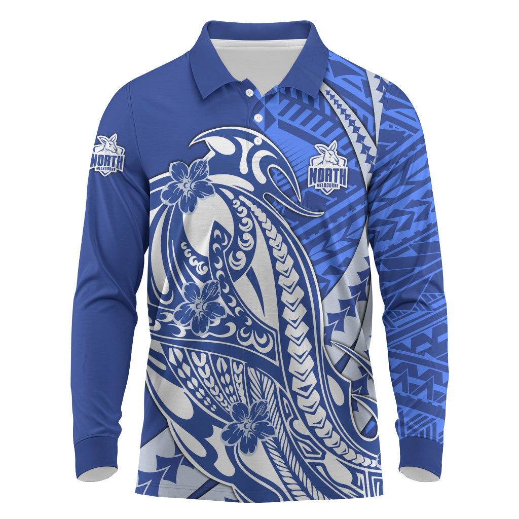 Personalized North Melbourne Kangaroos Long Sleeve Polo Shirt Polynesian Tribal Kangaroo Mascot With Hibiscus Floral Art