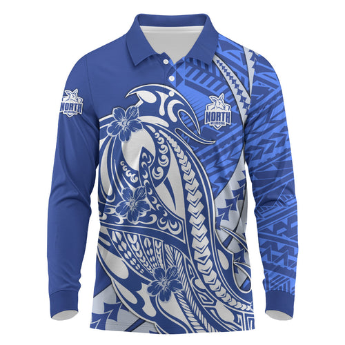 Personalized North Melbourne Kangaroos Long Sleeve Polo Shirt Polynesian Tribal Kangaroo Mascot With Hibiscus Floral Art