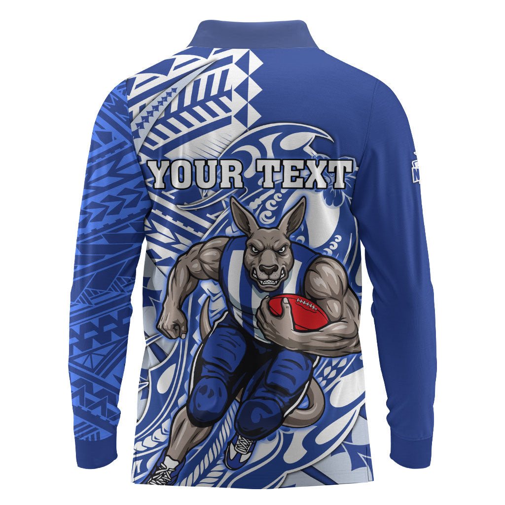 Personalized North Melbourne Kangaroos Long Sleeve Polo Shirt Polynesian Tribal Kangaroo Mascot With Hibiscus Floral Art