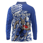 Personalized North Melbourne Kangaroos Long Sleeve Polo Shirt Polynesian Tribal Kangaroo Mascot With Hibiscus Floral Art